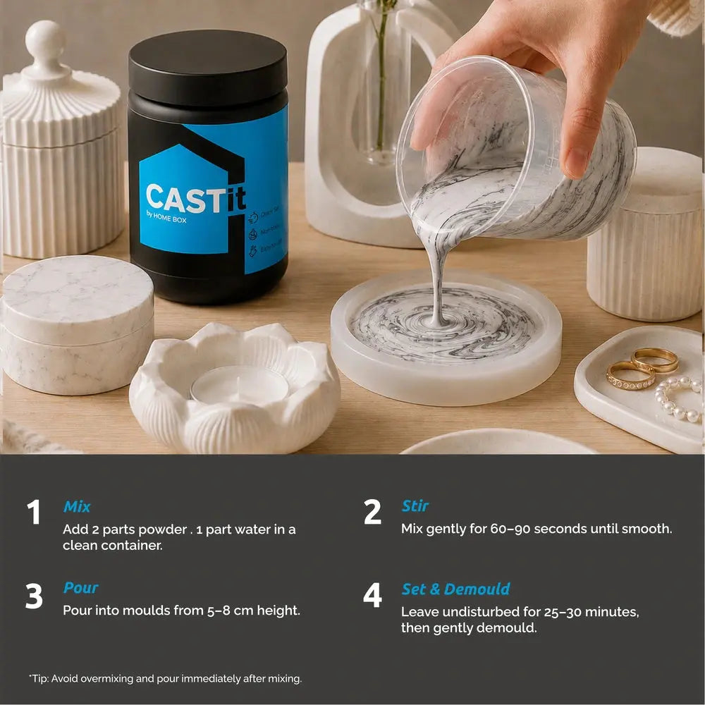CASTit powder being poured into a mold with decorative items in the background