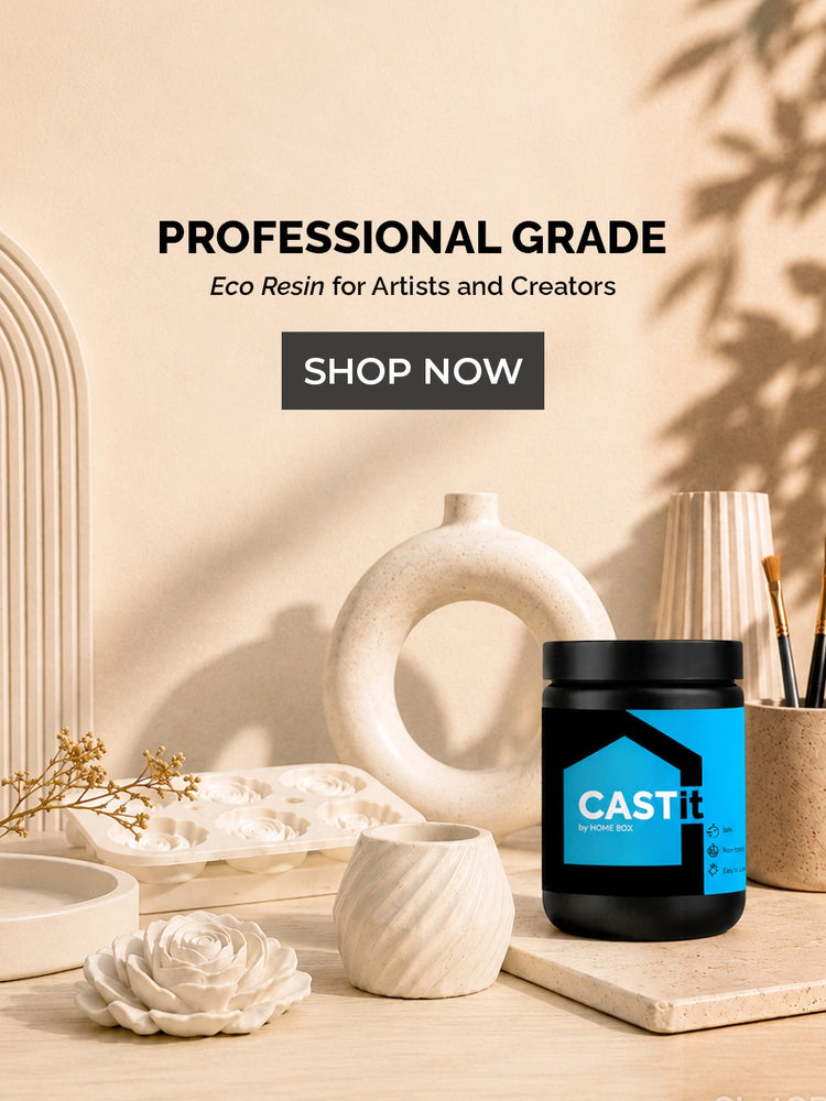 CASTit eco resin container on a table with decorative items and 'Professional Grade Eco Resin for Artists and Creators' text.
